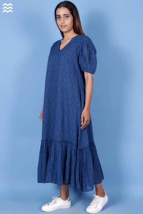 Mulmul Cotton Frilly Jelly Dress in Block Print