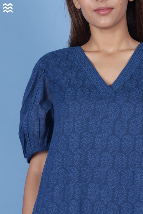 Mulmul Cotton Frilly Jelly Dress in Block Print