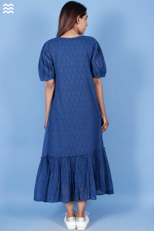 Mulmul Cotton Frilly Jelly Dress in Block Print