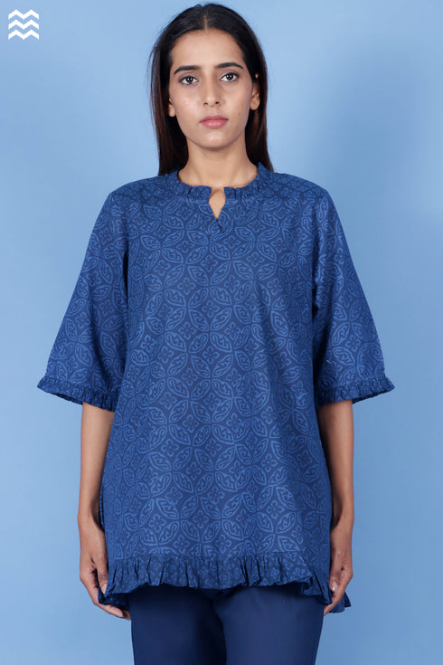 Slub Cotton Frilly Pete Top In Block Print