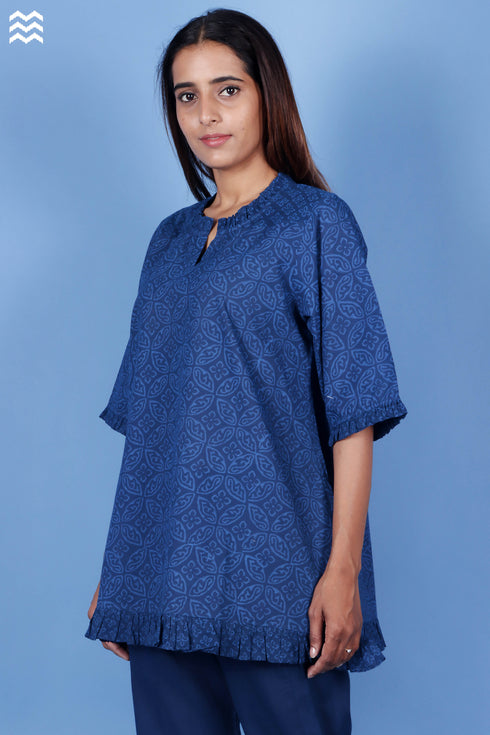 Slub Cotton Frilly Pete Top In Block Print