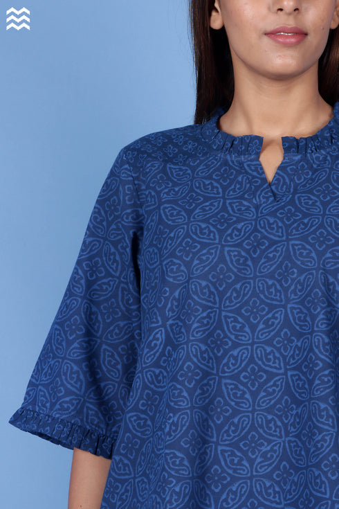 Slub Cotton Frilly Pete Top In Block Print