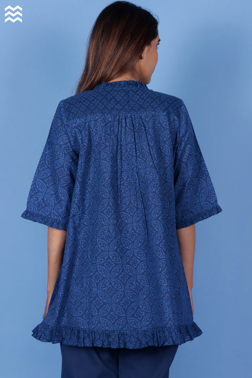 Slub Cotton Frilly Pete Top In Block Print