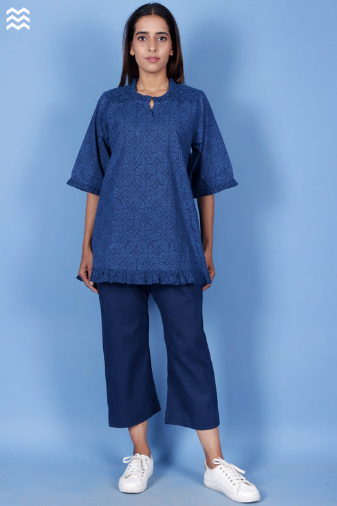 Slub Cotton Frilly Pete Top In Block Print