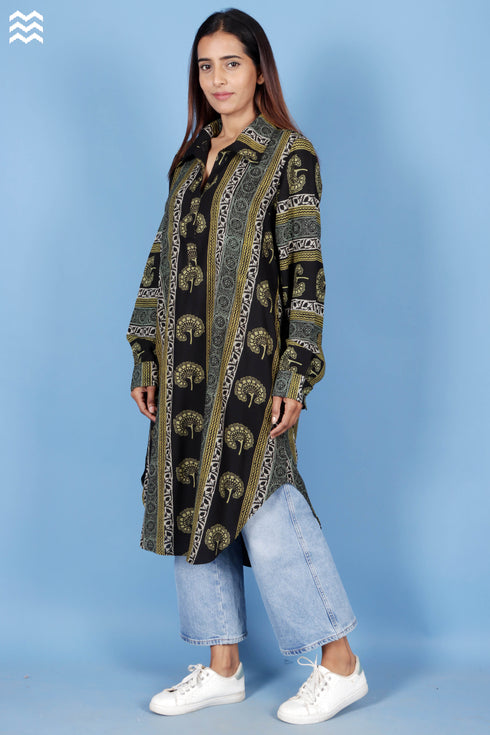Rayon Long Boyfriend Shirt In Block Print
