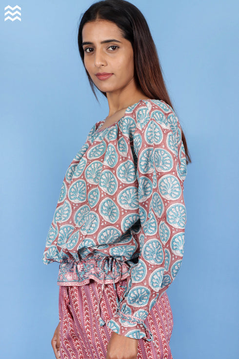 Cotton Silk Balloon Tommy Top In Floral Block Print