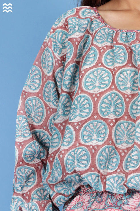Cotton Silk Balloon Tommy Top In Floral Block Print