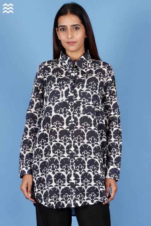Crepe Cotton Open Boyfriend Top In Block Print