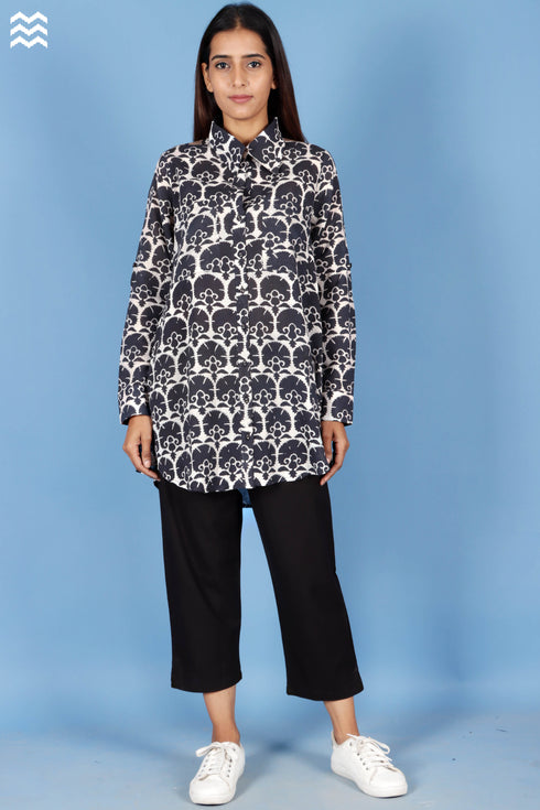 Crepe Cotton Open Boyfriend Top In Block Print