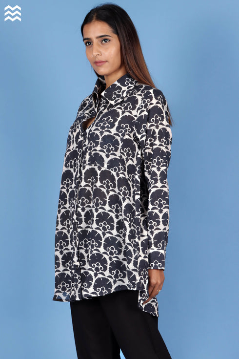 Crepe Cotton Open Boyfriend Top In Block Print