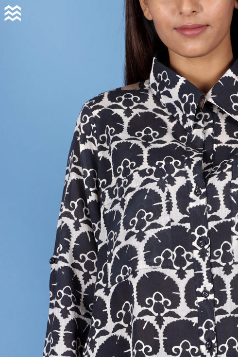 Crepe Cotton Open Boyfriend Top In Block Print