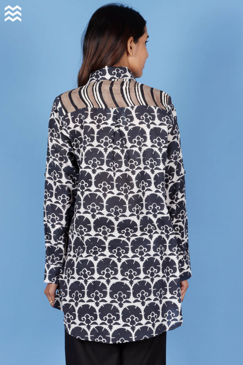 Crepe Cotton Open Boyfriend Top In Block Print