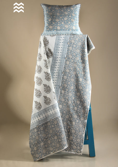 20s Cotton Bedcover in Grey/Blue Hand Block Prints