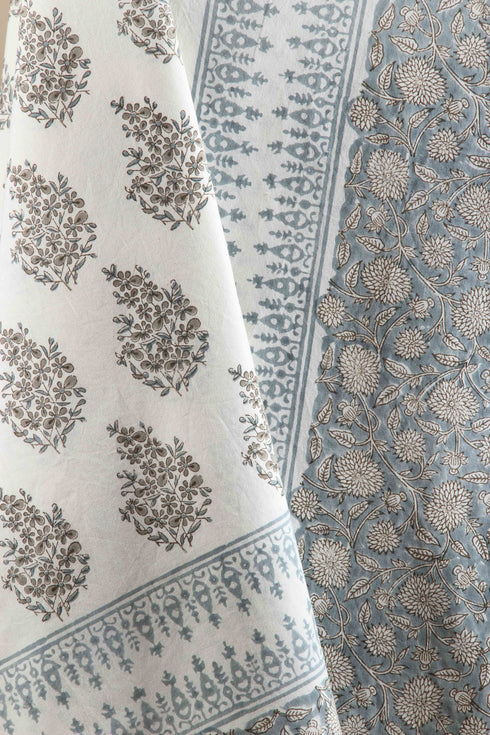 20s Cotton Bedcover in Grey/Blue Hand Block Prints