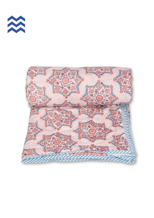 Mulmul Cotton Quilt In Blue and Red Block Print