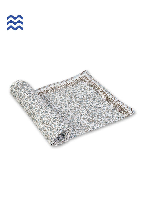 Mulmul Cotton Dohar In Steel Blue And Stone Grey Floral Block Print