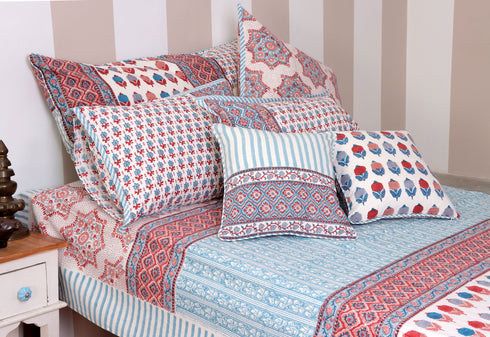 20s Cotton KING SIZE Bed Cover In Floral Block Print