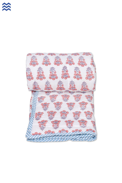 Mulmul Cotton Quilt In Blue and Red Block Print