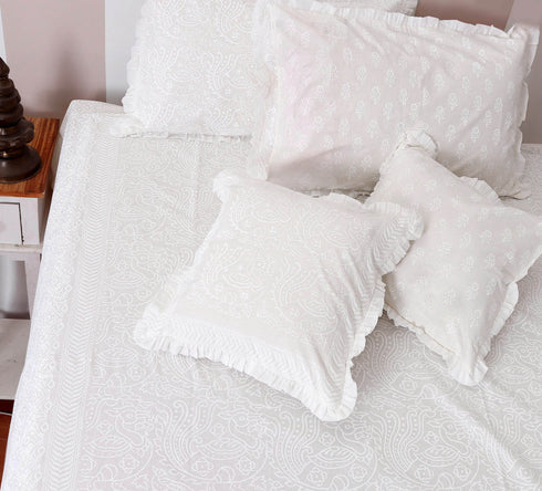 40’s CottonPillow Cover With Frills InIvory Block Print