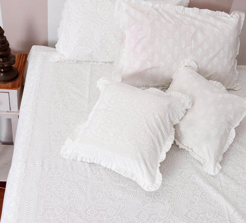 40’s CottonPillow Cover With Frills InIvory Block Print