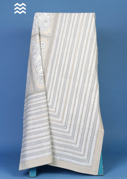 White Cotton Bedcover With Beige and Grey Floral and Stripes Block Print