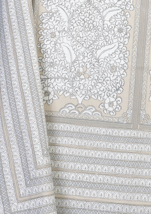 White Cotton Bedcover With Beige and Grey Floral and Stripes Block Print