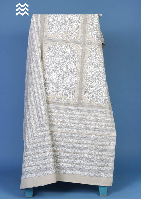 White Cotton Bedcover With Beige and Grey Floral and Stripes Block Print