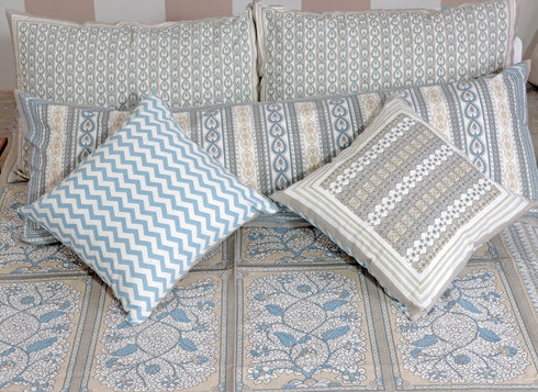 White Cotton Bedcover With Beige and Grey Floral and Stripes Block Print