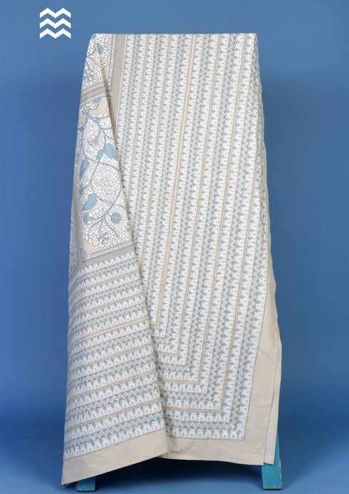 Beige and Blue Floral Block Printed Bedcover in White