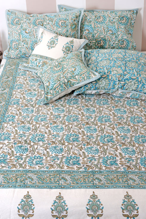 20s Cotton KING SIZE Bed Cover In Floral Block Print