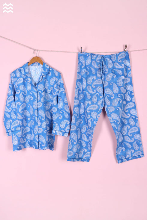 Cambric Cotton Long Pajama Set In Floral Block Print