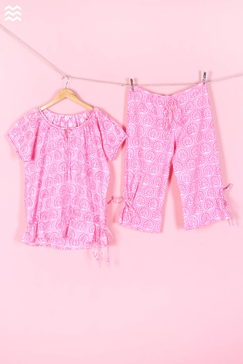 Cambric Cotton Engles Pajama Set In Graphic Block Print