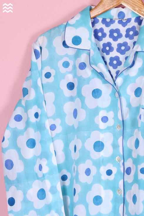 Cambric Cotton Long Pajama Set In Floral Block Print