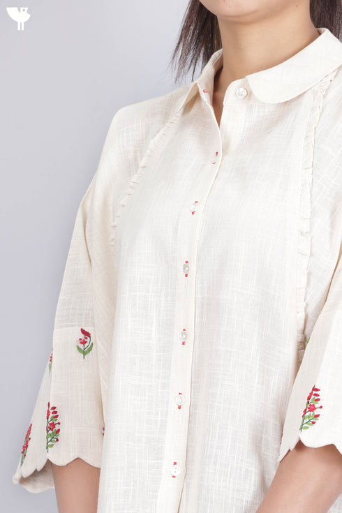 Organic Slub Cotton Poncho Top With Floral Embroidery