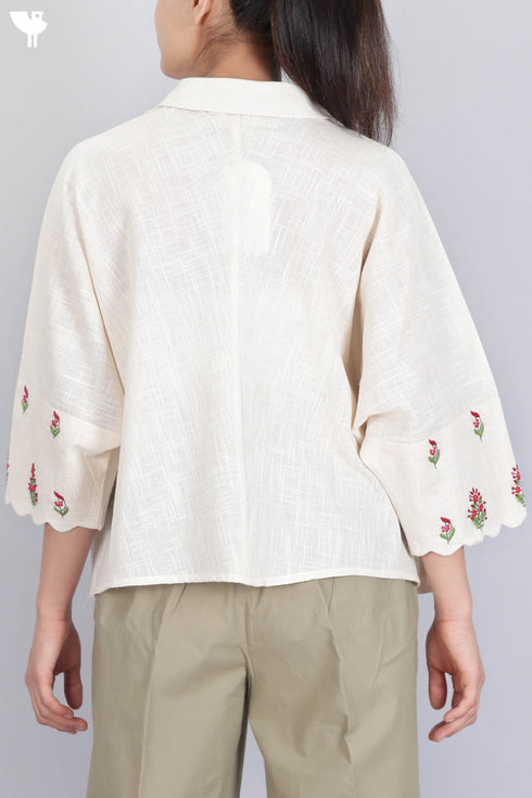 Organic Slub Cotton Poncho Top With Floral Embroidery