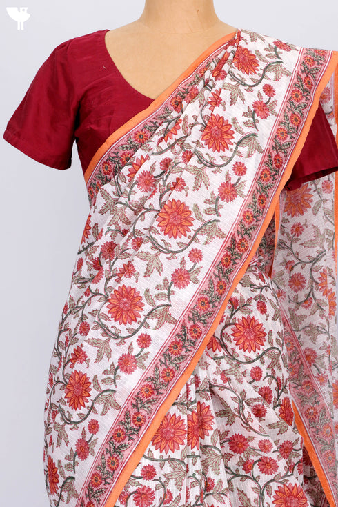 Kota Doria Saree In Floral Block Print