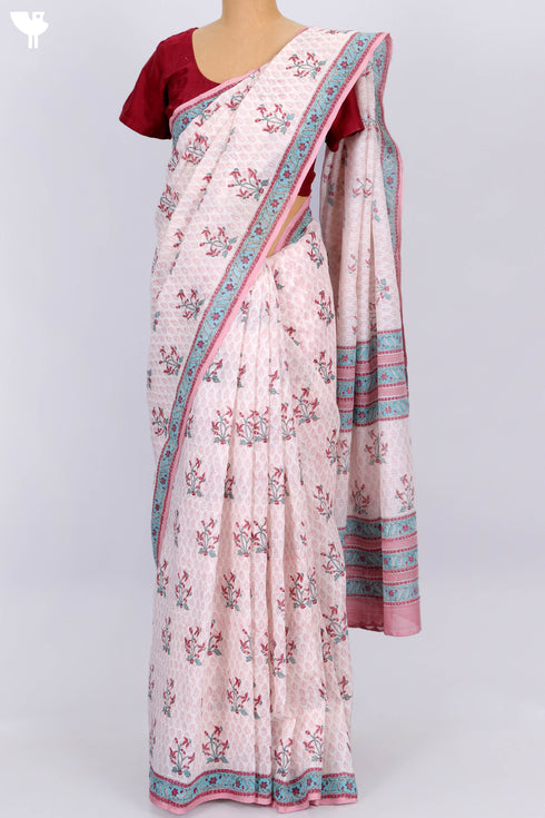 Kota Doria Saree In Floral Block Print