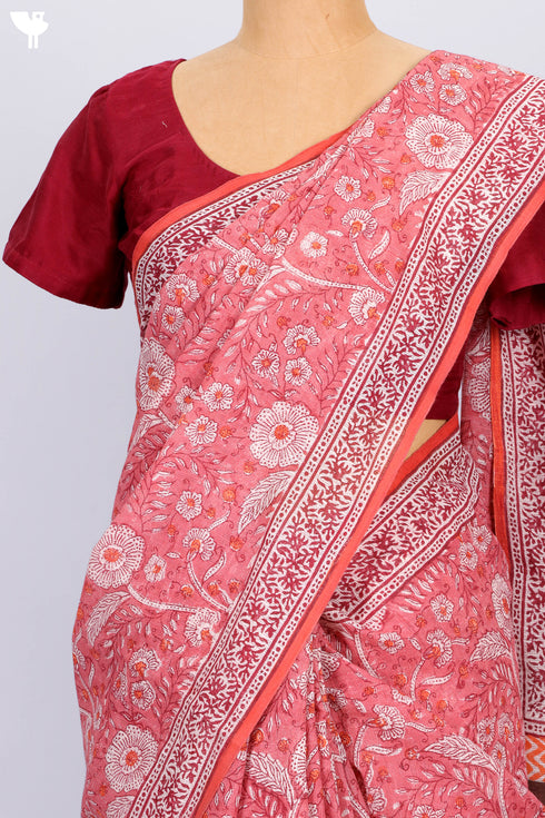 Kota Doria Saree In Floral Block Print