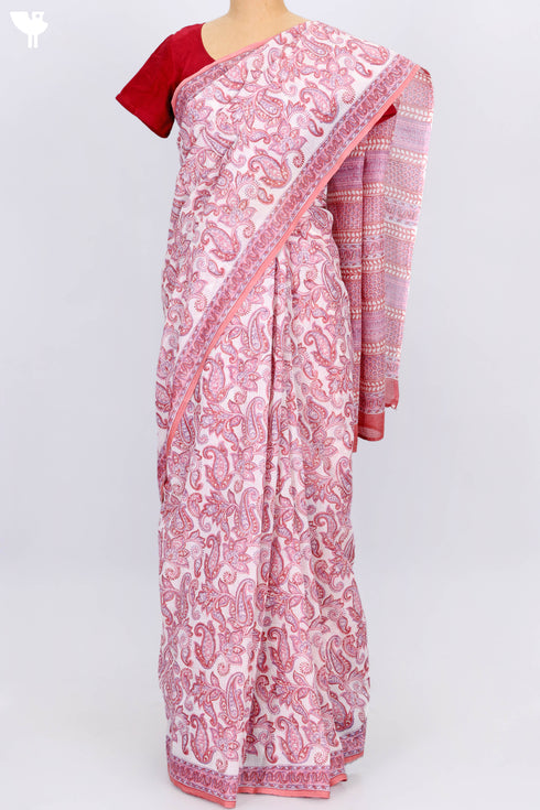 Kota Doria Saree In Paisley Block Print