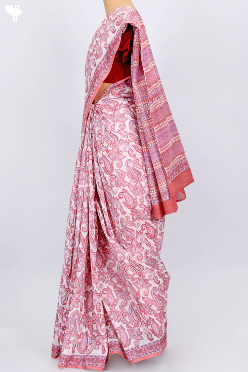 Kota Doria Saree In Paisley Block Print