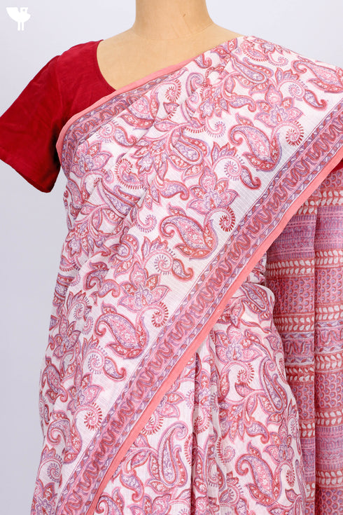 Kota Doria Saree In Paisley Block Print