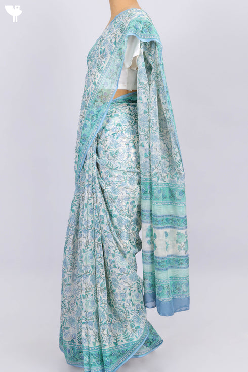 Kota Doria Saree In Floral Block Print