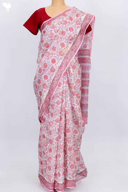 Kota Doria Saree In Floral Block Print