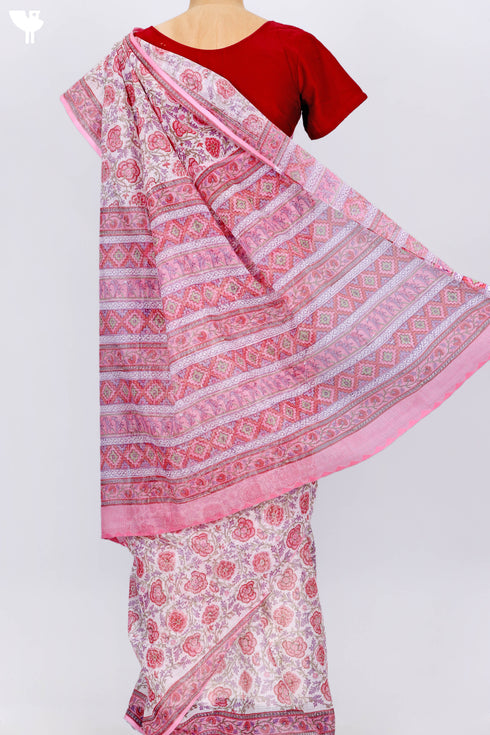 Kota Doria Saree In Floral Block Print