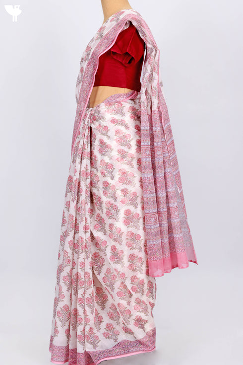 Kota Doria Saree In Floral Block Print