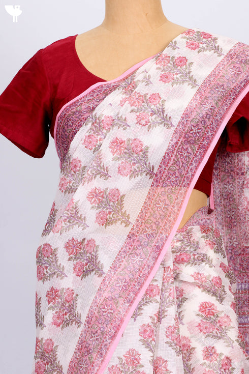 Kota Doria Saree In Floral Block Print