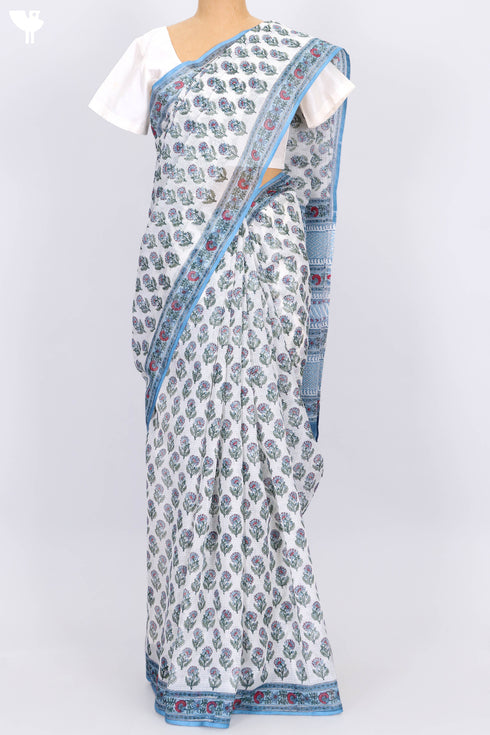 Handloom Kota Doria Saree In Floral Block Print