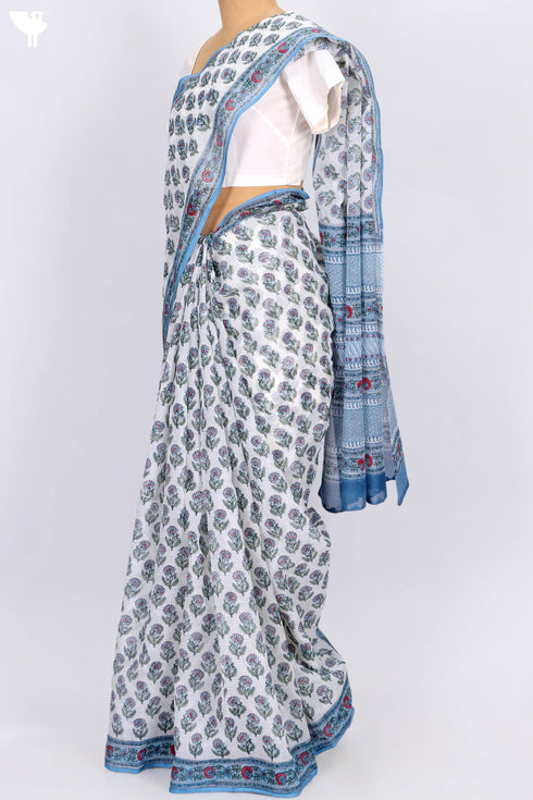 Handloom Kota Doria Saree In Floral Block Print