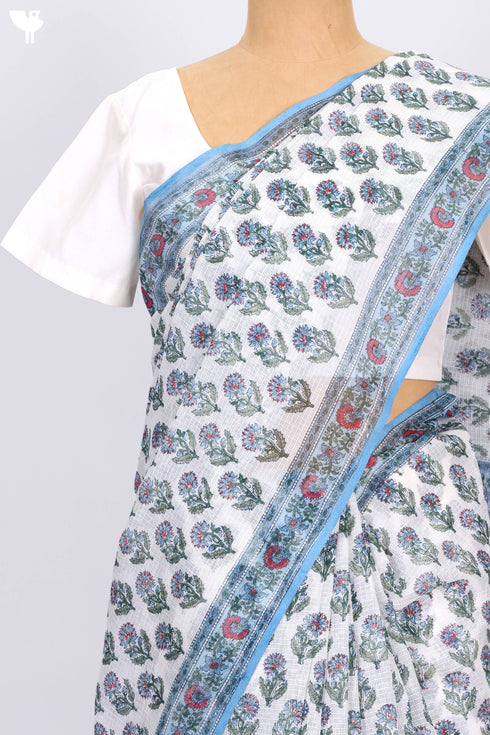 Handloom Kota Doria Saree In Floral Block Print