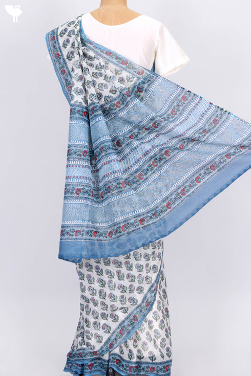 Handloom Kota Doria Saree In Floral Block Print